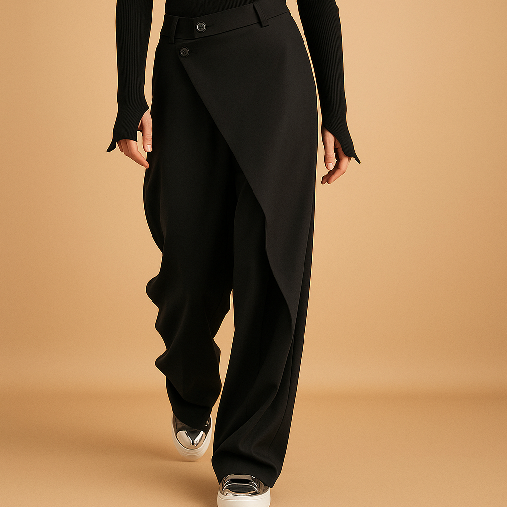 Moderne asymmetrische baggy broek voor dames met losse pasvorm en dubbele knoopsluiting, perfect voor een casual of chique outfit.