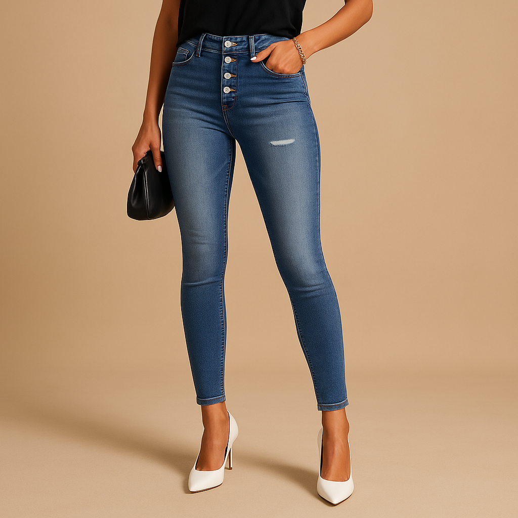 Dames slim fit jeans met ripped details, gemaakt van denim in een comfortabele stretchstof, perfect voor casual en trendy looks.